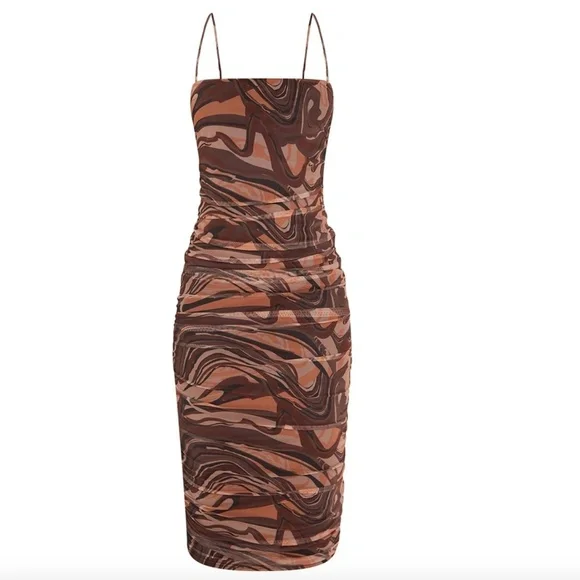 Brown Swirl/ Marble Print Mesh Ruched Midi Dress (size 8) - Picture 4 of 7